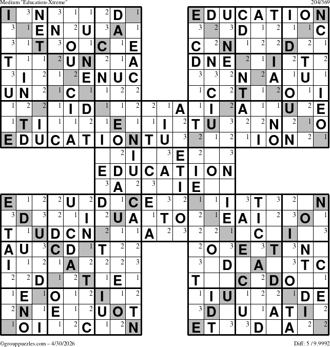 The grouppuzzles.com Medium Education-Xtreme puzzle for Thursday April 30, 2026 with the first 3 steps marked