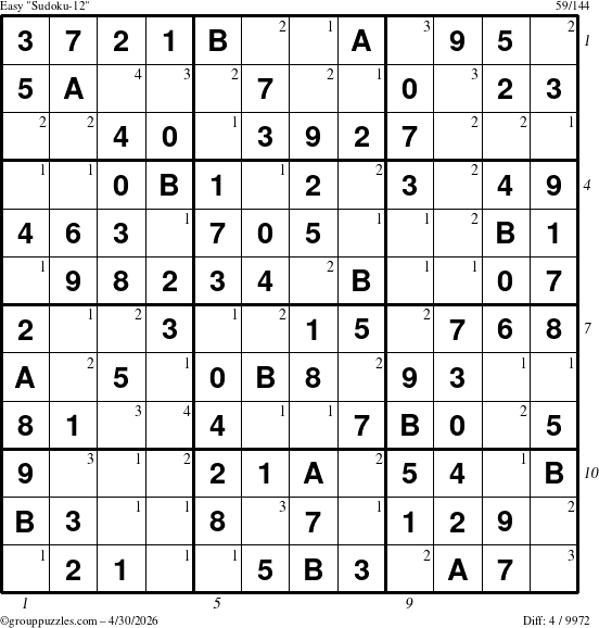 The grouppuzzles.com Easy Sudoku-12 puzzle for Thursday April 30, 2026, suitable for printing, with all 4 steps marked