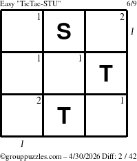 The grouppuzzles.com Easy TicTac-STU puzzle for Thursday April 30, 2026, suitable for printing, with all 2 steps marked