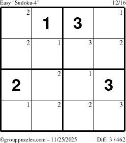 The grouppuzzles.com Easy Sudoku-4 puzzle for Tuesday November 25, 2025 with the first 3 steps marked