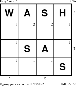 The grouppuzzles.com Easy Wash puzzle for Tuesday November 25, 2025 with all 2 steps marked