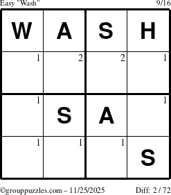 The grouppuzzles.com Easy Wash puzzle for Tuesday November 25, 2025 with the first 2 steps marked