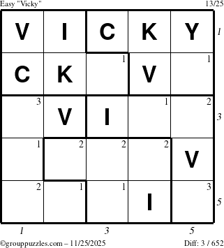 The grouppuzzles.com Easy Vicky puzzle for Tuesday November 25, 2025 with all 3 steps marked