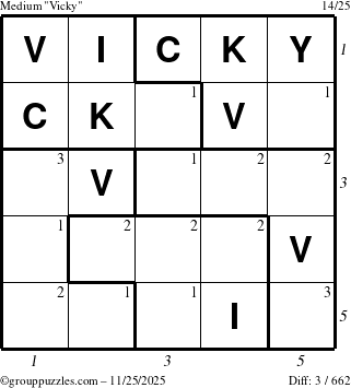 The grouppuzzles.com Medium Vicky puzzle for Tuesday November 25, 2025 with all 3 steps marked