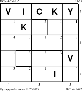 The grouppuzzles.com Difficult Vicky puzzle for Tuesday November 25, 2025 with all 4 steps marked
