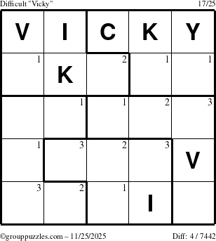 The grouppuzzles.com Difficult Vicky puzzle for Tuesday November 25, 2025 with the first 3 steps marked