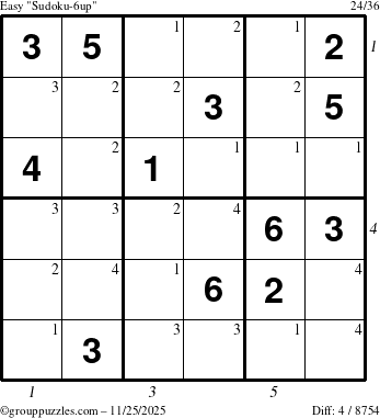 The grouppuzzles.com Easy Sudoku-6up puzzle for Tuesday November 25, 2025 with all 4 steps marked