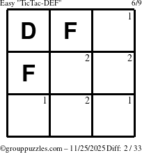 The grouppuzzles.com Easy TicTac-DEF puzzle for Tuesday November 25, 2025 with the first 2 steps marked