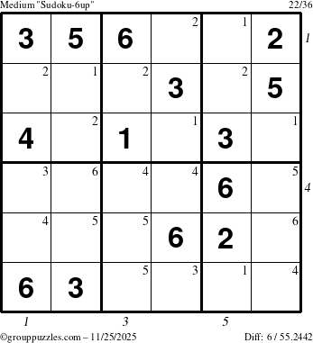 The grouppuzzles.com Medium Sudoku-6up puzzle for Tuesday November 25, 2025, suitable for printing, with all 6 steps marked