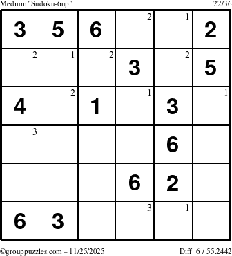 The grouppuzzles.com Medium Sudoku-6up puzzle for Tuesday November 25, 2025 with the first 3 steps marked
