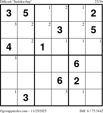 The grouppuzzles.com Difficult Sudoku-6up puzzle for Tuesday November 25, 2025 with the first 3 steps marked