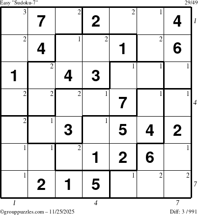 The grouppuzzles.com Easy Sudoku-7 puzzle for Tuesday November 25, 2025 with all 3 steps marked