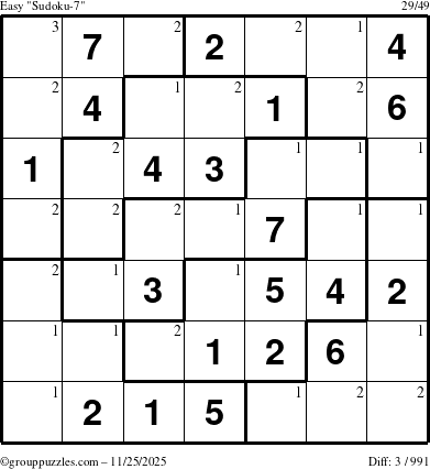 The grouppuzzles.com Easy Sudoku-7 puzzle for Tuesday November 25, 2025 with the first 3 steps marked