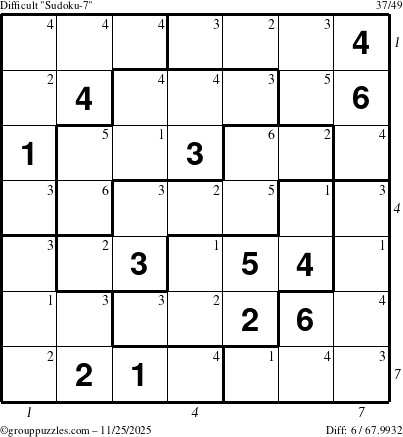 The grouppuzzles.com Difficult Sudoku-7 puzzle for Tuesday November 25, 2025 with all 6 steps marked