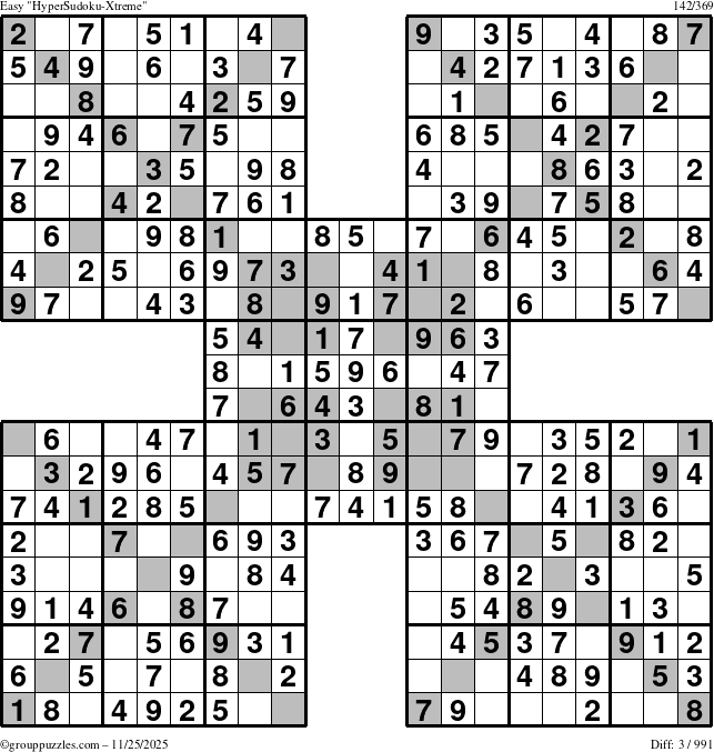 The grouppuzzles.com Easy HyperSudoku-Xtreme puzzle for Tuesday November 25, 2025