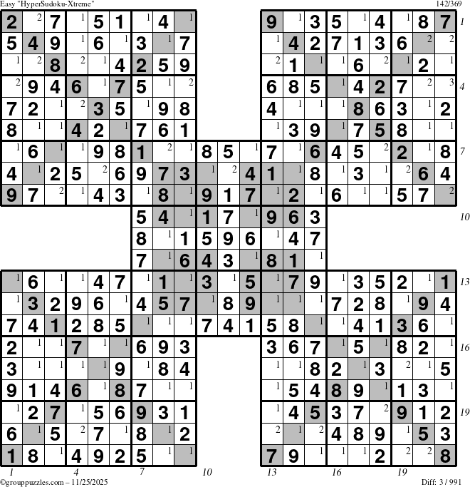 The grouppuzzles.com Easy HyperSudoku-Xtreme puzzle for Tuesday November 25, 2025 with all 3 steps marked