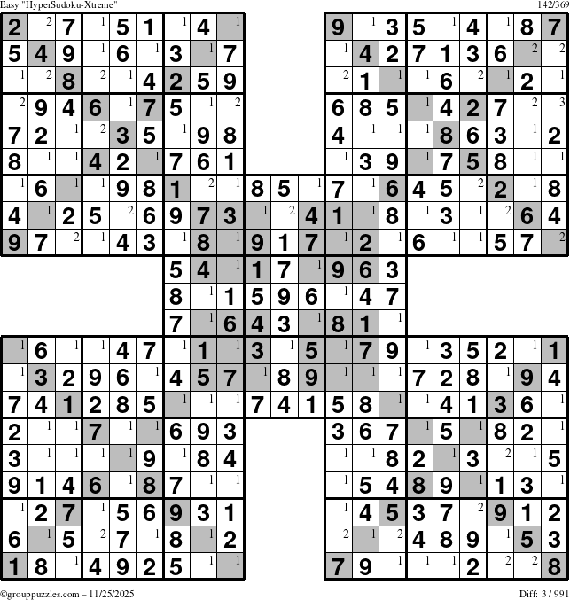 The grouppuzzles.com Easy HyperSudoku-Xtreme puzzle for Tuesday November 25, 2025 with the first 3 steps marked