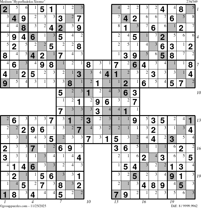 The grouppuzzles.com Medium HyperSudoku-Xtreme puzzle for Tuesday November 25, 2025 with all 8 steps marked