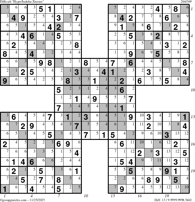 The grouppuzzles.com Difficult HyperSudoku-Xtreme puzzle for Tuesday November 25, 2025 with all 13 steps marked
