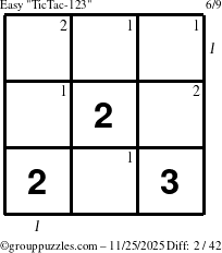 The grouppuzzles.com Easy TicTac-123 puzzle for Tuesday November 25, 2025 with all 2 steps marked