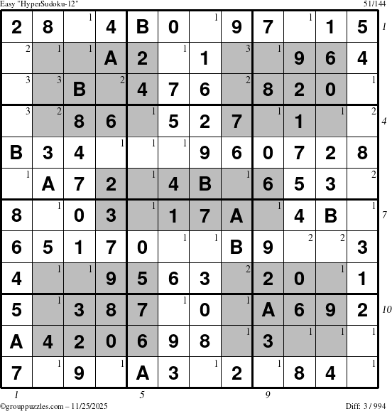 The grouppuzzles.com Easy HyperSudoku-12 puzzle for Tuesday November 25, 2025 with all 3 steps marked