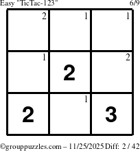 The grouppuzzles.com Easy TicTac-123 puzzle for Tuesday November 25, 2025 with the first 2 steps marked