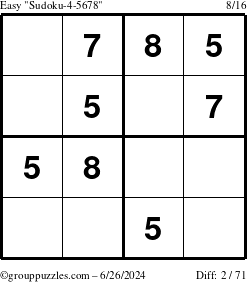 The grouppuzzles.com Easy Sudoku-4-5678 puzzle for Wednesday June 26, 2024