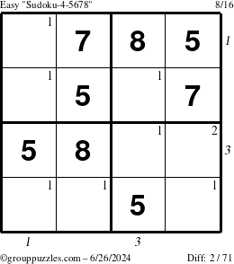 The grouppuzzles.com Easy Sudoku-4-5678 puzzle for Wednesday June 26, 2024 with all 2 steps marked