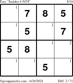 The grouppuzzles.com Easy Sudoku-4-5678 puzzle for Wednesday June 26, 2024 with the first 2 steps marked