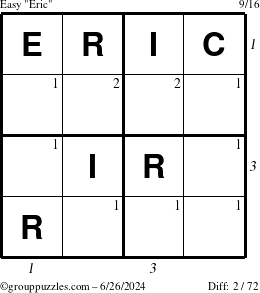 The grouppuzzles.com Easy Eric puzzle for Wednesday June 26, 2024 with all 2 steps marked