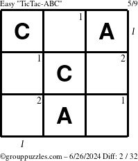 The grouppuzzles.com Easy TicTac-ABC puzzle for Wednesday June 26, 2024 with all 2 steps marked