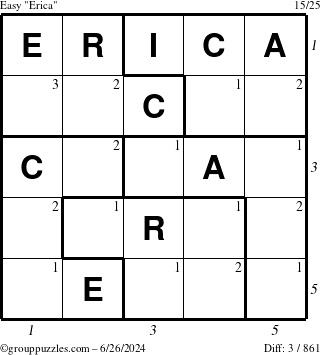 The grouppuzzles.com Easy Erica puzzle for Wednesday June 26, 2024 with all 3 steps marked