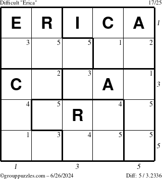 The grouppuzzles.com Difficult Erica puzzle for Wednesday June 26, 2024 with all 5 steps marked