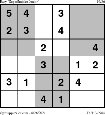 The grouppuzzles.com Easy SuperSudoku-Junior puzzle for Wednesday June 26, 2024