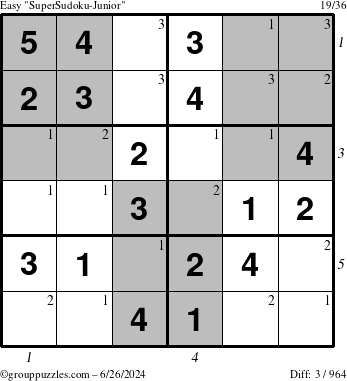 The grouppuzzles.com Easy SuperSudoku-Junior puzzle for Wednesday June 26, 2024 with all 3 steps marked