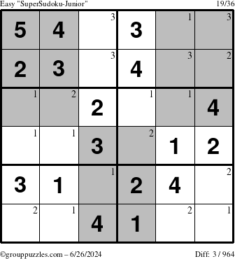 The grouppuzzles.com Easy SuperSudoku-Junior puzzle for Wednesday June 26, 2024 with the first 3 steps marked