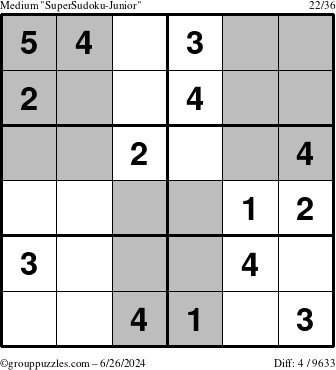 The grouppuzzles.com Medium SuperSudoku-Junior puzzle for Wednesday June 26, 2024