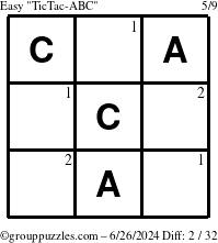 The grouppuzzles.com Easy TicTac-ABC puzzle for Wednesday June 26, 2024 with the first 2 steps marked