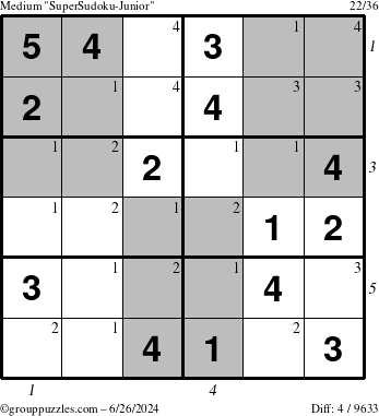 The grouppuzzles.com Medium SuperSudoku-Junior puzzle for Wednesday June 26, 2024, suitable for printing, with all 4 steps marked