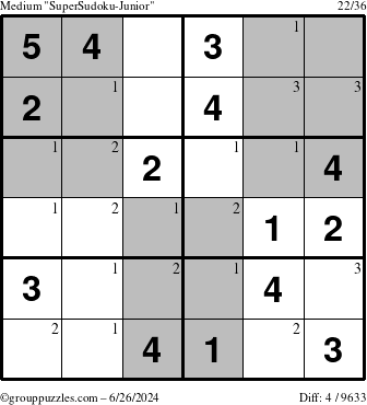 The grouppuzzles.com Medium SuperSudoku-Junior puzzle for Wednesday June 26, 2024 with the first 3 steps marked