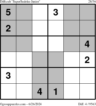 The grouppuzzles.com Difficult SuperSudoku-Junior puzzle for Wednesday June 26, 2024