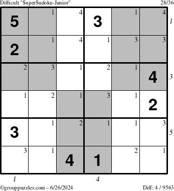 The grouppuzzles.com Difficult SuperSudoku-Junior puzzle for Wednesday June 26, 2024 with all 4 steps marked