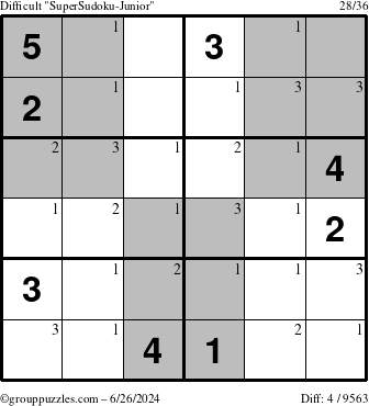 The grouppuzzles.com Difficult SuperSudoku-Junior puzzle for Wednesday June 26, 2024 with the first 3 steps marked