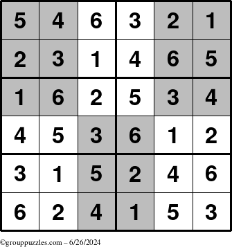 The grouppuzzles.com Answer grid for the SuperSudoku-Junior puzzle for Wednesday June 26, 2024