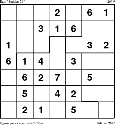 The grouppuzzles.com Easy Sudoku-7B puzzle for Wednesday June 26, 2024