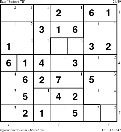 The grouppuzzles.com Easy Sudoku-7B puzzle for Wednesday June 26, 2024 with all 4 steps marked