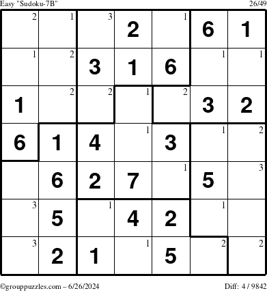 The grouppuzzles.com Easy Sudoku-7B puzzle for Wednesday June 26, 2024 with the first 3 steps marked