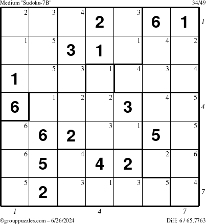 The grouppuzzles.com Medium Sudoku-7B puzzle for Wednesday June 26, 2024, suitable for printing, with all 6 steps marked