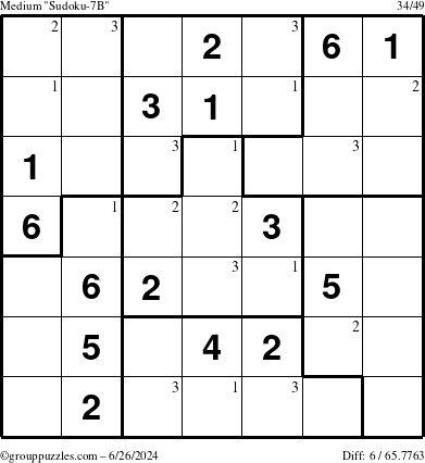 The grouppuzzles.com Medium Sudoku-7B puzzle for Wednesday June 26, 2024 with the first 3 steps marked