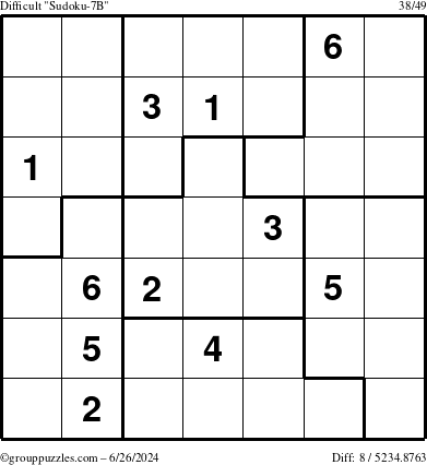 The grouppuzzles.com Difficult Sudoku-7B puzzle for Wednesday June 26, 2024